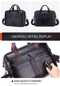 Black genuine cowhide leather laptop bag detail view, spacious business briefcase for men