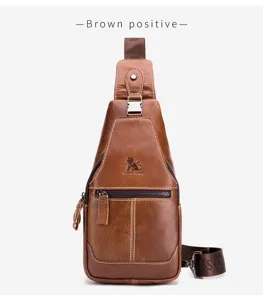 Men's Genuine Leather Chest Bag Vintage Casual Sling Shoulder Crossbody Bag Brown