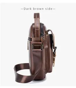 Detail view of dark brown leather men crossbody bag side showcasing texture and zipper design.