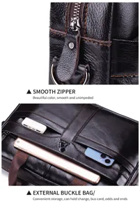 Close-up detail of genuine leather men briefcase showing smooth zipper and practical external pockets.