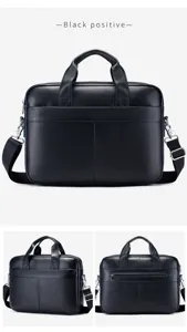Men's genuine leather briefcase vintage business laptop bag black shoulder messenger