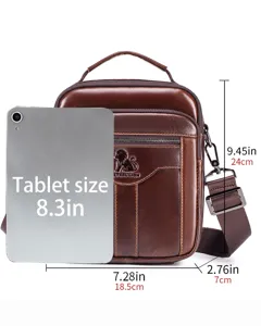 Men's genuine leather cross-body bag vintage shoulder bag with tablet size reference.