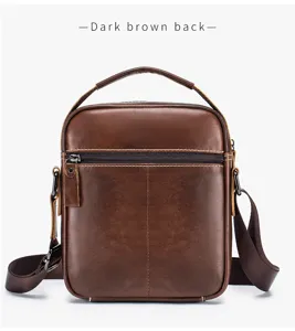 Men's brown leather messenger bag, retro casual vertical crossbody bag with top handle and strap.