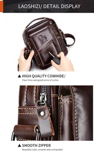 Mens genuine leather crossbody bag retro brown shoulder bag with multi pockets and smooth zipper.