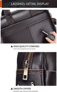 Men genuine cowhide leather briefcase detail close up showing clear texture and smooth zipper.