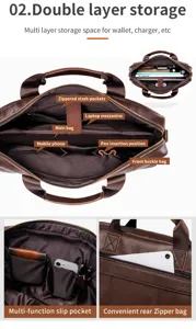 Mens genuine leather briefcase laptop bag large capacity business vintage multi-pocket office