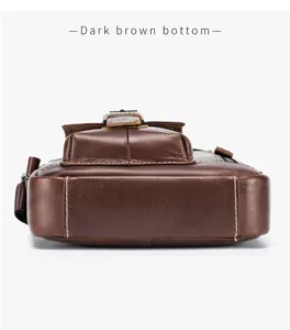 Men genuine leather small crossbody bag vintage casual vertical messenger bag bottom detail