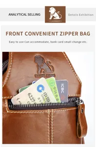 Genuine leather men chest bag vintage casual shoulder crossbody bag with front zipper pocket.