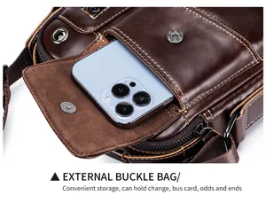 Vintage genuine leather men's crossbody bag with external buckle pocket and spacious design.