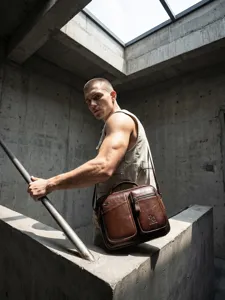 Men genuine leather shoulder bag retro brown multi-pocket messenger bag for daily work business.