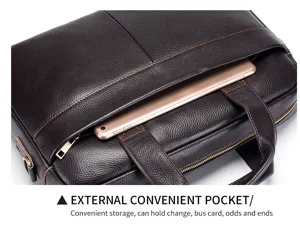 Close-up detail of dark brown leather business briefcase showing front storage pocket hardware.
