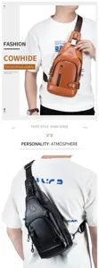 Men genuine leather chest bag casual waterproof sling crossbody bag with USB port