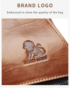 Genuine leather chest bag detail view, premium cowhide sling bag with embossed logo.