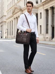 Genuine leather men's briefcase laptop bag large capacity brown business messenger bag