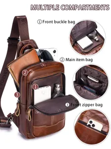 Genuine leather men chest bag vintage sling bag with multiple compartments for travel.