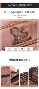 Close-up detail of genuine top layer leather men shoulder bag showing fine stitching.