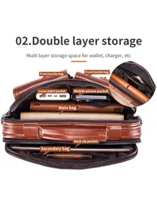 Men vintage leather shoulder bag multi-pocket crossbody bag with double layer storage capacity.