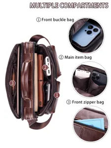 Men genuine leather shoulder bag multi-compartment business messenger bag in brown color