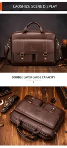Brown genuine leather men briefcase large capacity business computer bag detailed view