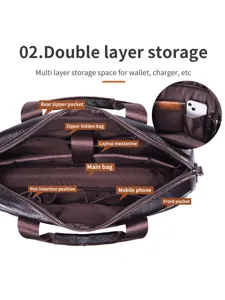 Detailed view of the premium leather laptop briefcase interior showing double layer storage and pockets.