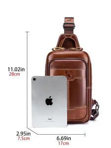 Premium genuine leather men chest bag vintage sling backpack casual crossbody shoulder bag