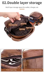 Genuine leather men's crossbody bag detail view showing multi-layer storage and zippers.