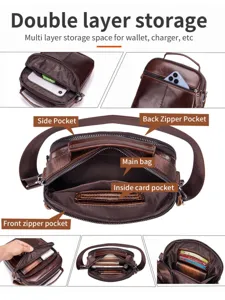 Men's genuine leather shoulder bag multi-layer crossbody bag for business and daily commute