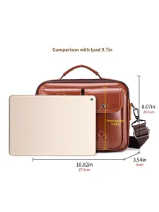 Vintage genuine leather men's shoulder bag casual messenger handbag with size comparison.