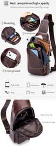 Men genuine leather chest bag multi compartment sling bag casual shoulder bag detail view.