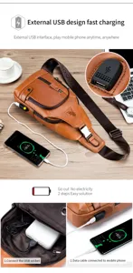 Men's genuine leather chest bag casual sling backpack with external USB charging port and multi-pocket.