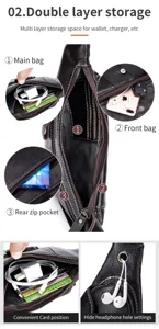 Men's genuine leather chest bag detail view, multi-layer storage with zipper pockets.