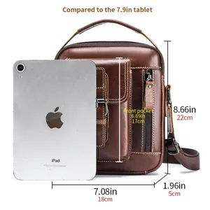 Men's retro leather crossbody bag detail showing size dimensions, compact vertical style.