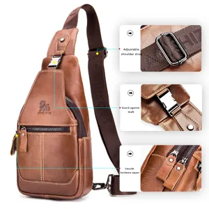 Genuine Leather Chest Bag Vintage Casual Sling Bag Men Crossbody Bag Adjustable Strap