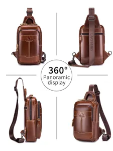 Men's leather sling bag vintage chest bag genuine cowhide casual crossbody shoulder bag