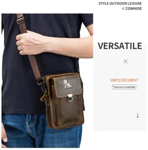 Dettaglio della custodia per telefono da uomo in pelle crazy horse, borsa a tracolla in pelle.