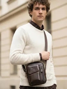 Men's genuine leather vintage crossbody shoulder bag for daily commute and outdoor use.