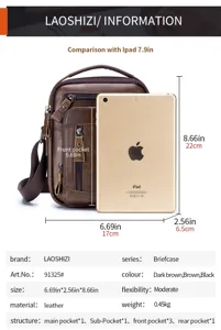 Genuine leather men's messenger bag vintage cowhide shoulder bag with multi pockets brown.