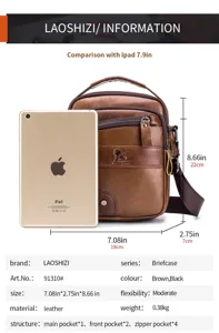 Men leather shoulder bag vintage brown crossbody bag multi-pocket business casual bag