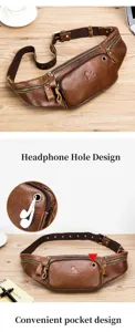 Genuine leather waist bag for men, vintage chest bag with headphone hole and multiple pockets.