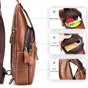 Vintage genuine leather sling bag for men multi pocket chest backpack casual retro bag!