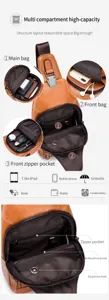 Men genuine leather chest bag detail view showing multi-compartment capacity and USB port.