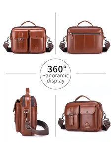 Men's vintage genuine leather shoulder bag casual crossbody messenger bag with multi pockets