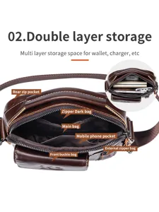 Men's vintage brown leather crossbody bag featuring multi-layer storage compartments.
