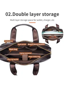 Men genuine leather briefcase 15 inch laptop bag business multi layer storage handbag