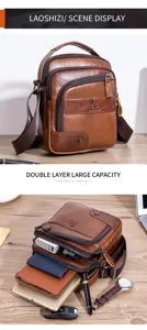 Men's genuine leather crossbody bag, stylish business shoulder bag with large double layer capacity.