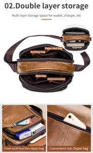 Detailed view of the multi-layer genuine leather men's shoulder bag with zipper pockets.