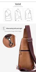 Genuine leather chest bag for men, multi-functional casual sling bag with adjustable strap.