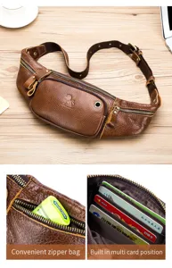 Genuine leather waist bag for men, multi-functional chest bag with secure zipper pockets and card slots.