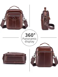 Vintage brown genuine leather men's messenger bag with multi-pocket design and adjustable strap.