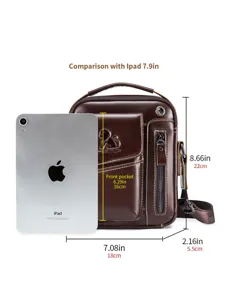 Genuine leather men's vintage shoulder bag, retro messenger bag with iPad size comparison.